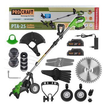 Аккумуляторный триммер Procraft PTA-25-2B (20В, 2 аккумулятора, колеса, комплект насадок)