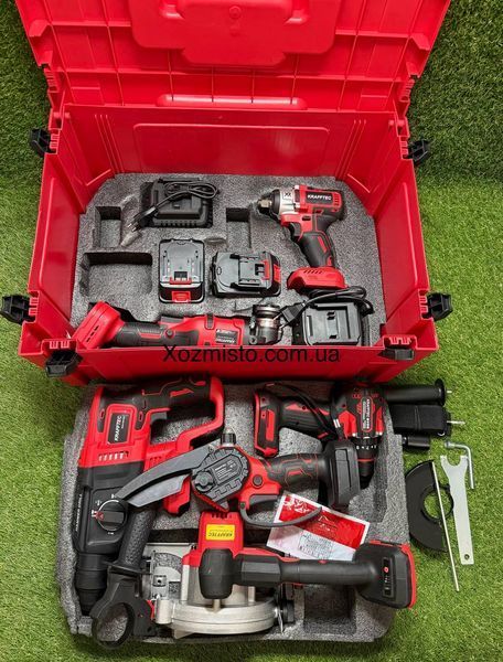 Набір інструментів 6в1 Krafftec Germani 48V/8Ah в кейсі, Червоний / Шуруповерт / Болгарка / Перфоратор / Гайковерт / пила