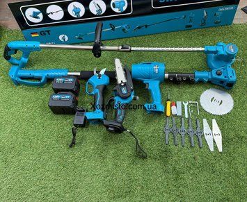 Набір для саду GT Germany PRO 128V 5в1 (секатор DUP365+DUC155Z пилка+телескоп 2,0м+ тример UR120DWAE) синій